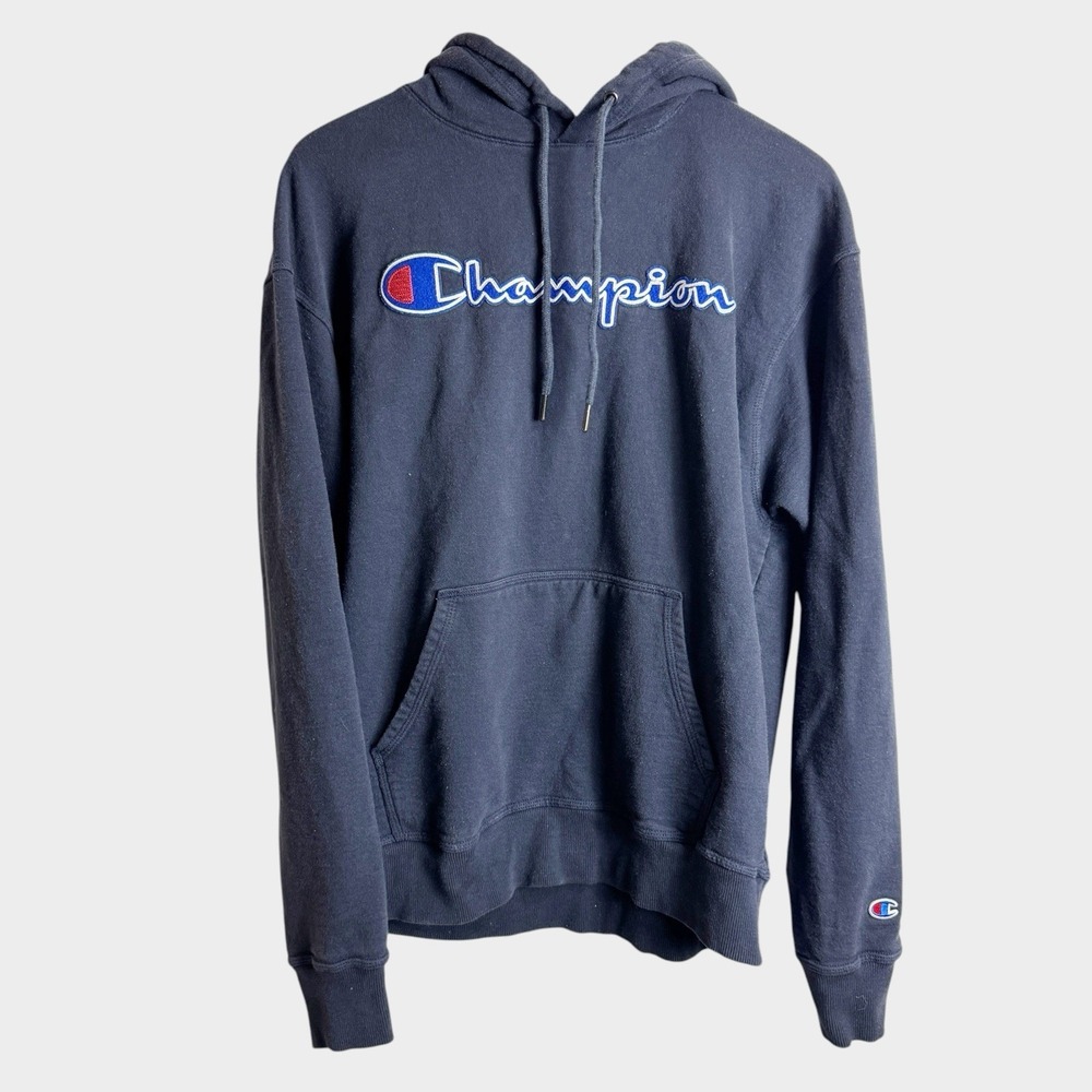 Champion Men Large Navy Powerblend Graphic Hoodie GF89H Spell Out Patches